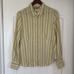 Tommy Bahama Yellow Green Striped Linen Long Sleeve Blouse Shirt Women’s Size 10
